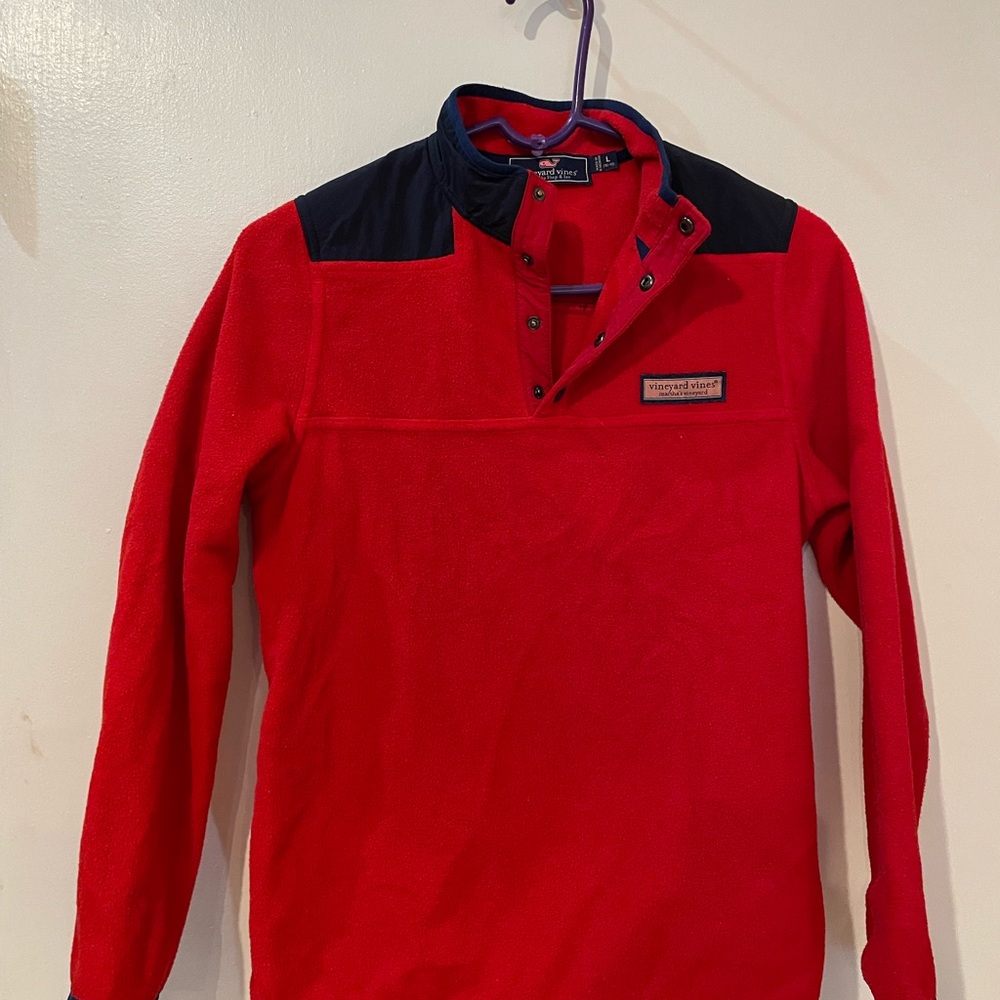 Red and Navy Blue fleece Snap Pullover